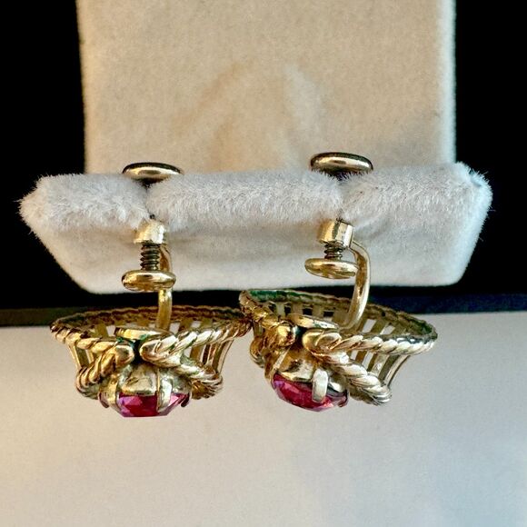 Van Dell Demi-Parure Gold Brooch and Earrings Vintage Set in Gold and Pink - Picture 10 of 12